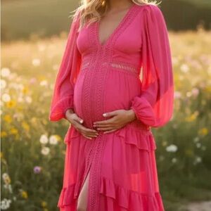 Chic Long Sleeve Pink Maternity Dress-runs small